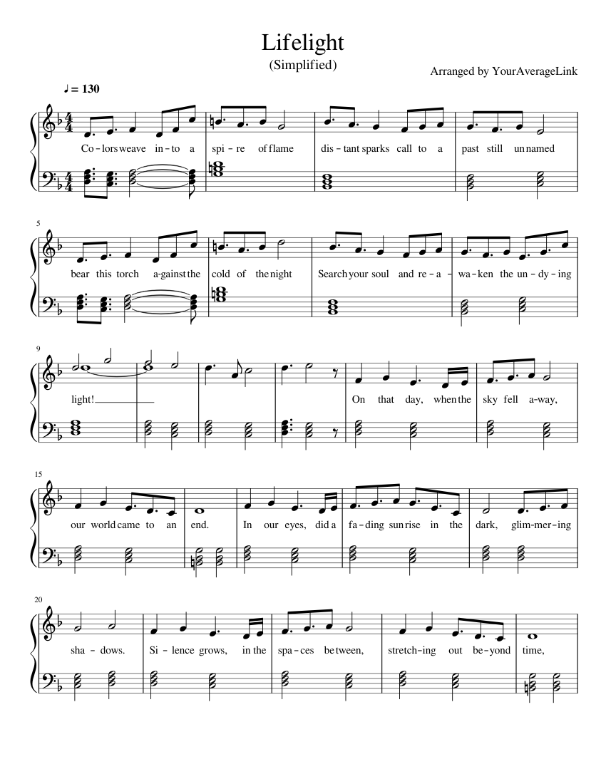 Lifelight Simple Piano Arrangement sheet music for Piano download free