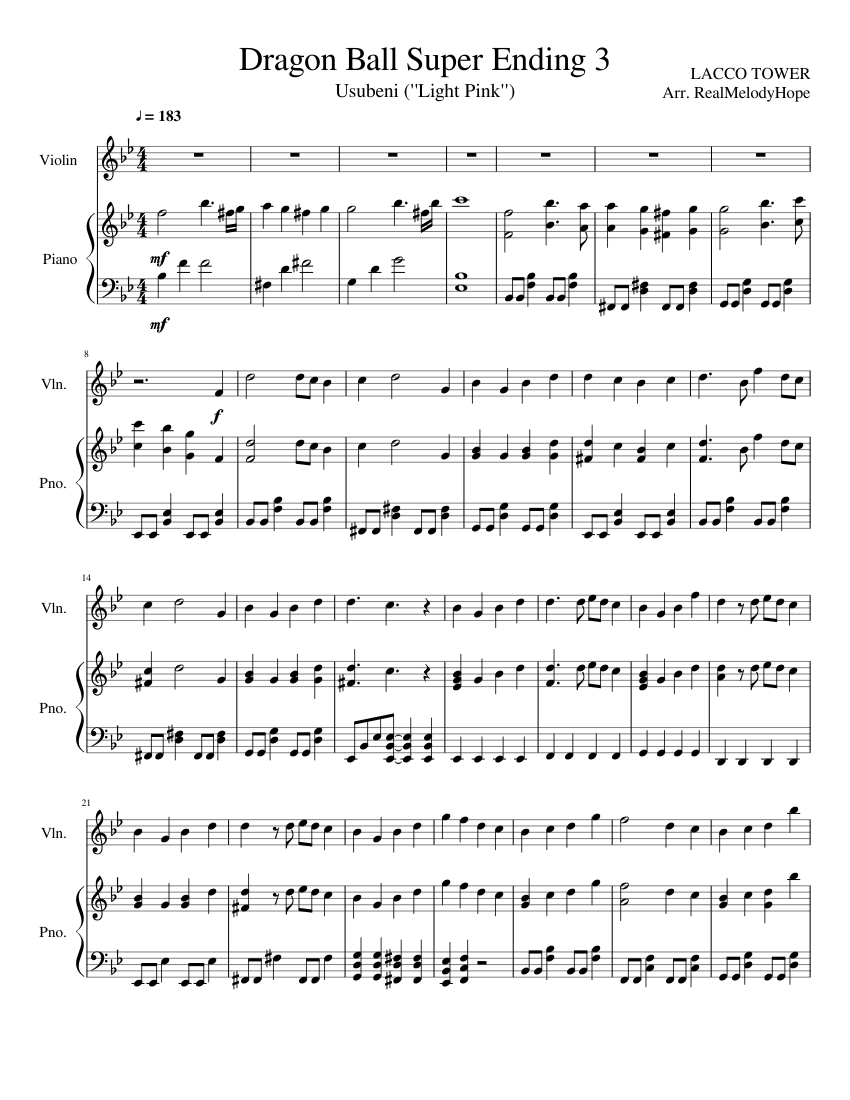 Dragon Ball Super Ending 3 Usubeni ("Light Pink") sheet music for