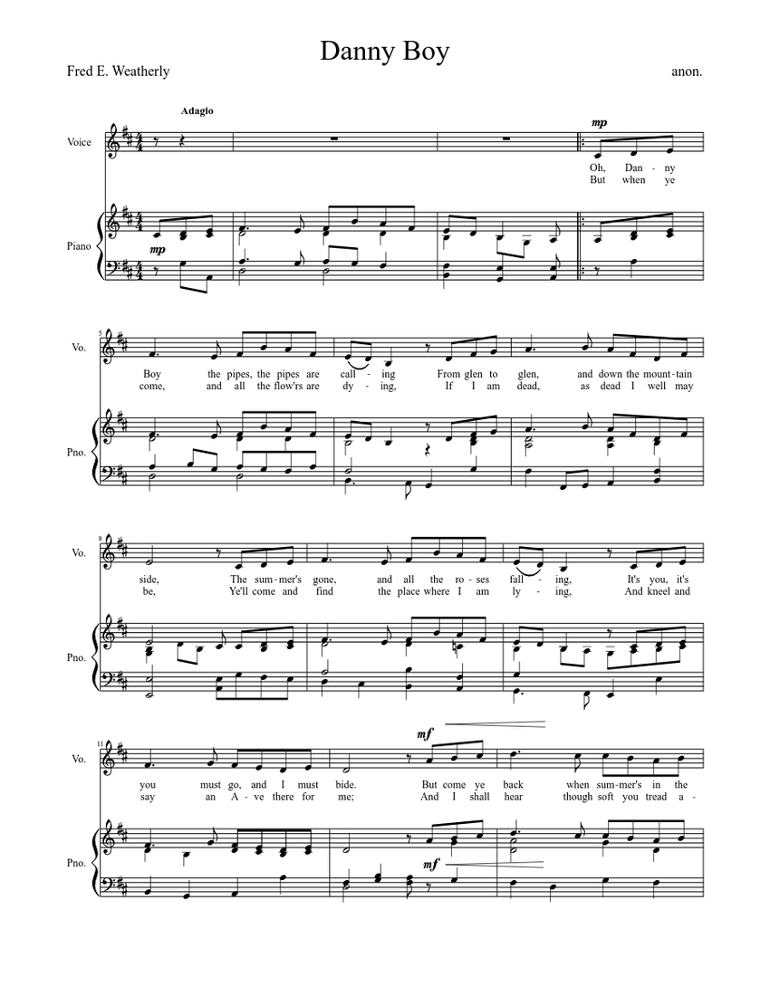 Danny Boy Sheet music for Piano, Voice | Download free in PDF or MIDI