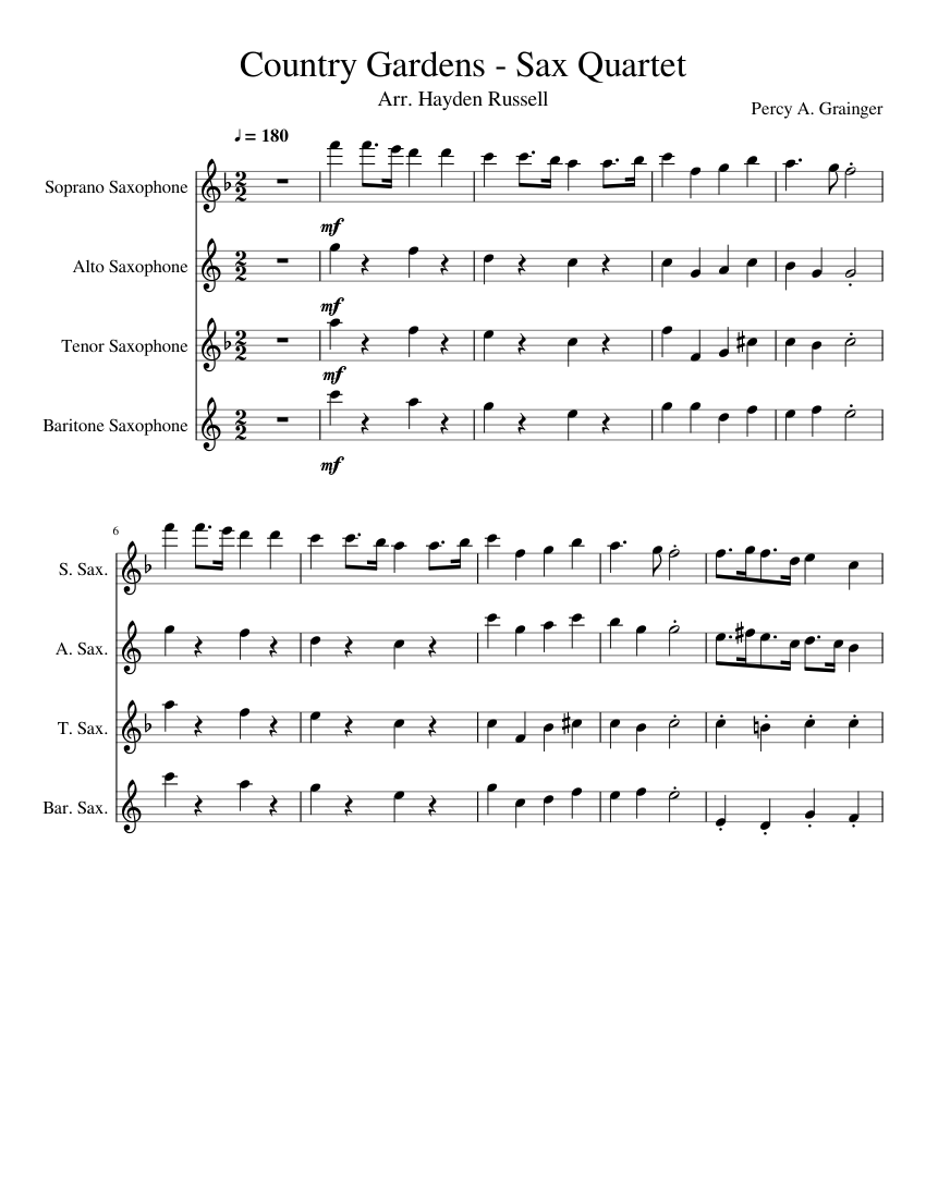 Country Gardens Sax Quartet Sheet Music For Soprano Saxophone