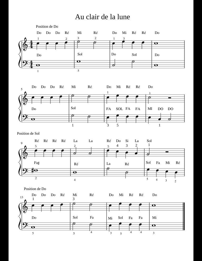 Au clair de la lune sheet music for Piano download free in PDF or MIDI