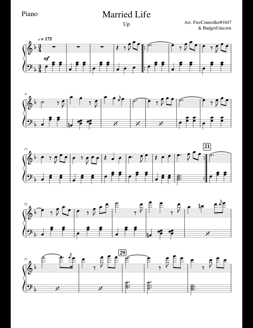 Up - Married Life sheet music for Piano download free in PDF or MIDI