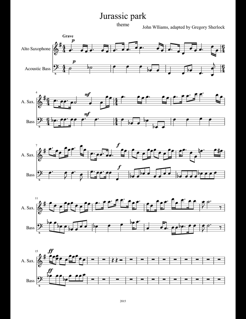 Jurassic park sax and bass sheet music for Alto Saxophone, Bass download free in PDF or MIDI