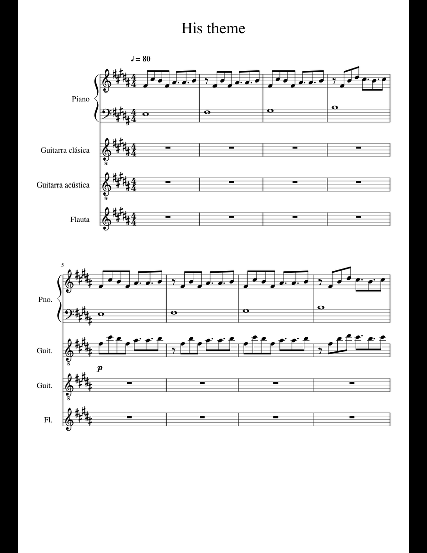 His theme (Undertale) sheet music for Piano, Flute, Guitar download