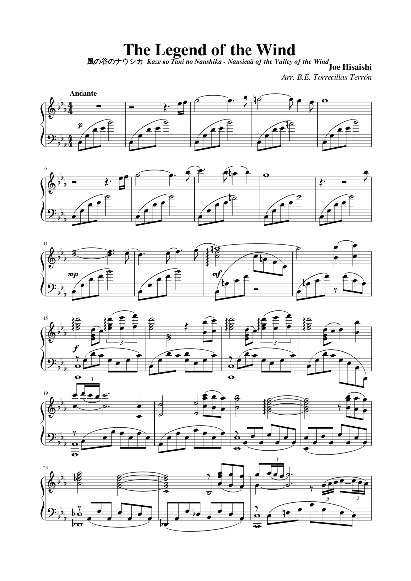 The Legend of the Wind 風の谷のナウシカ Kaze no Tani no Naushika - Nausicaä of the Valley of the Wind sheet music composed by Joe Hisaishi Arr. B.E. Torrecillas Terrón – 1 of 2 pages