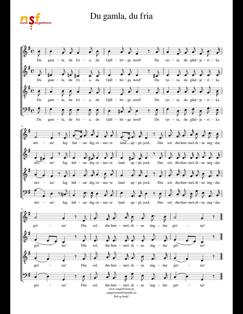 Du gamla, du fria sheet music for Voice download free in PDF or MIDI