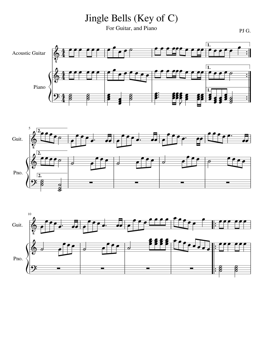 Jingle Bells (Key of C)Guitar, Piano sheet music for Piano, Guitar
