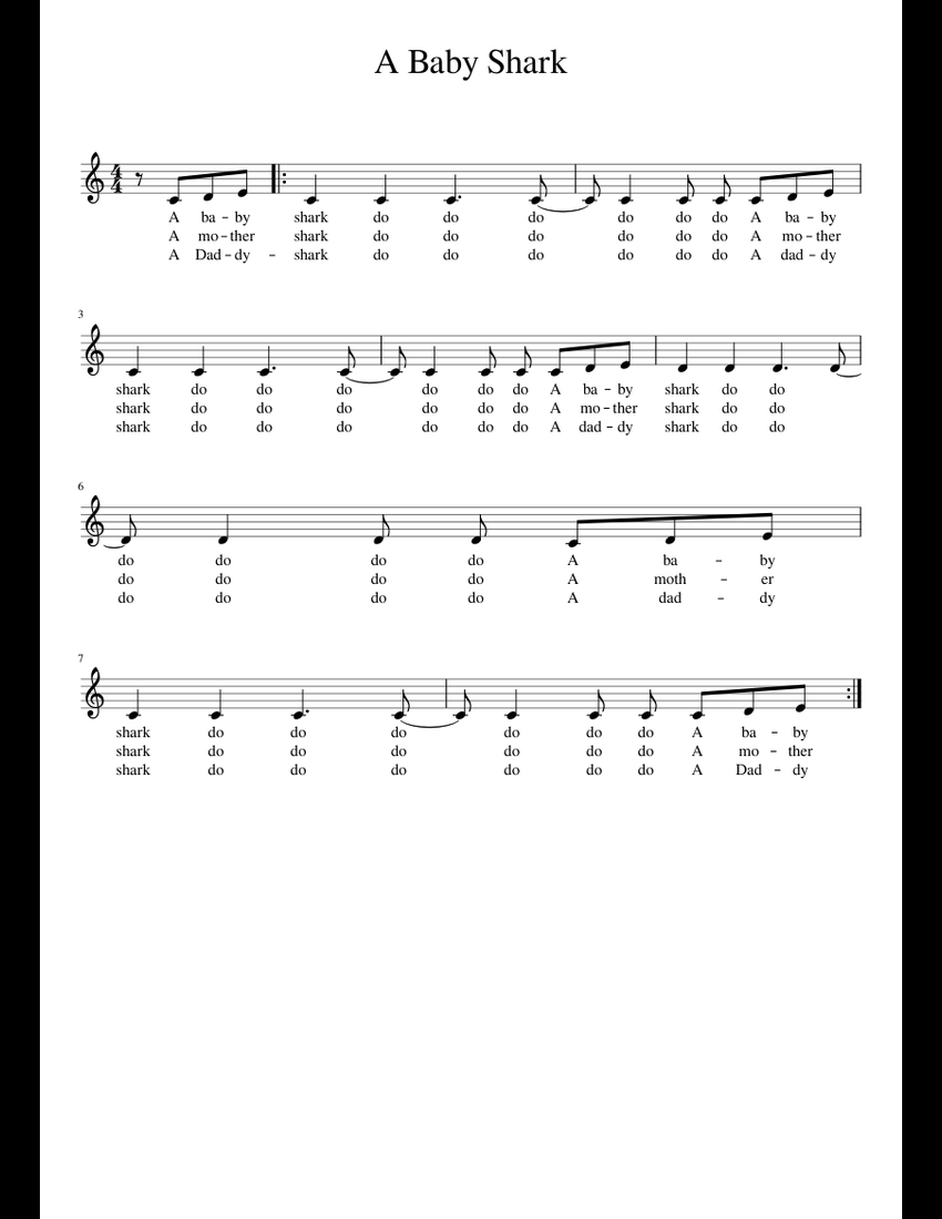 A Baby Shark sheet music for Piano download free in PDF or MIDI
