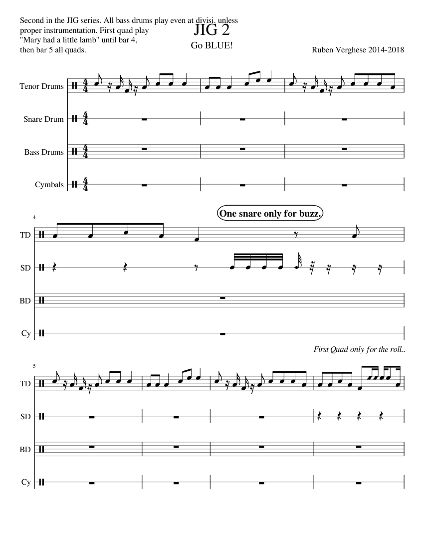 JIG 2 Sheet music for Snare Drum, Bass Drum, Crash, Tenor Drum (Mixed