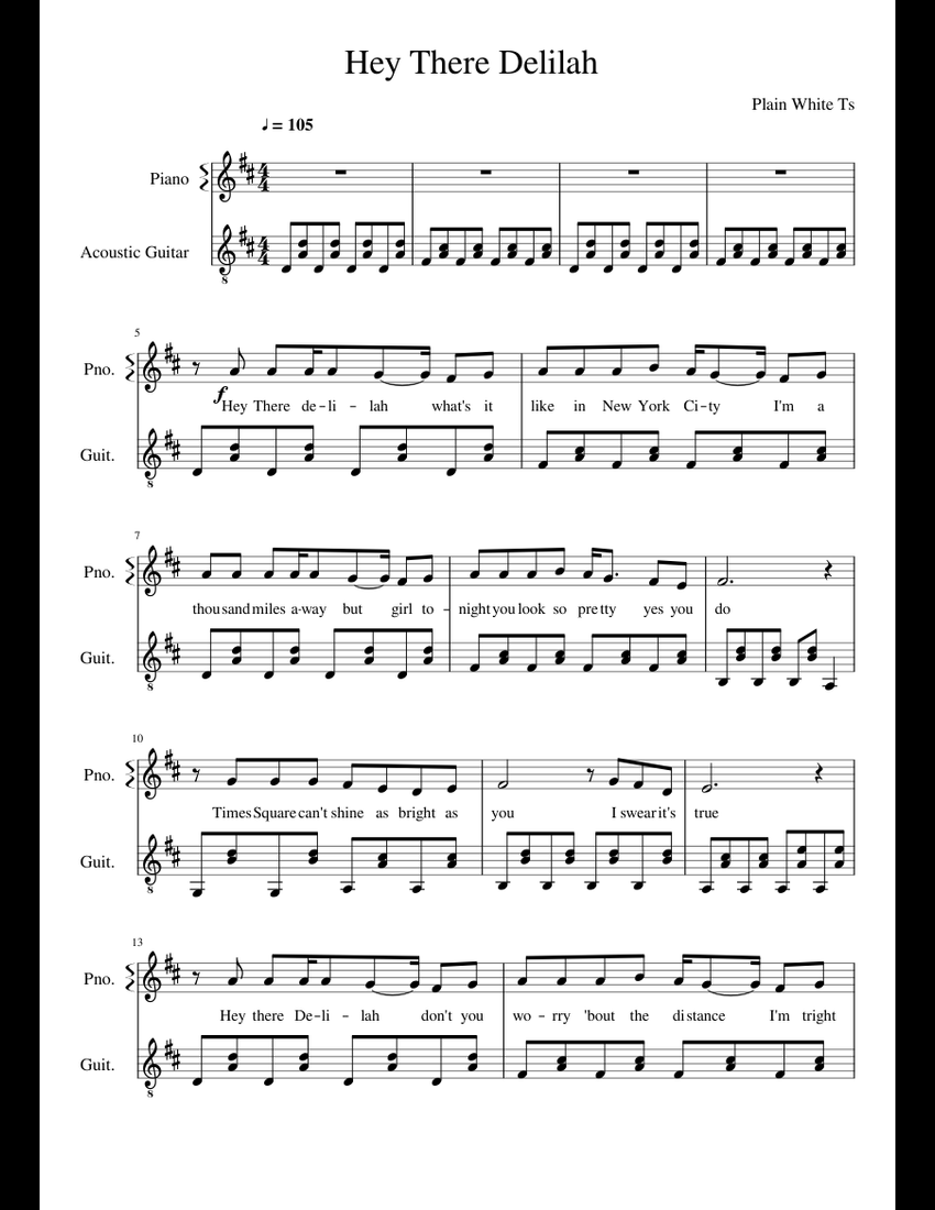 Hey There Delilah sheet music for Piano, Guitar download free in PDF or