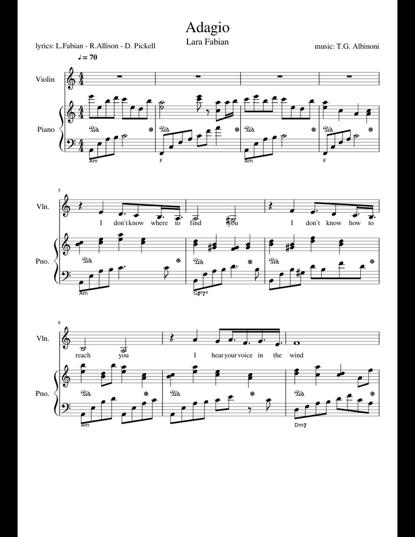 Adagio Lara Fabian lam sheet music for Violin, Piano download free in ...