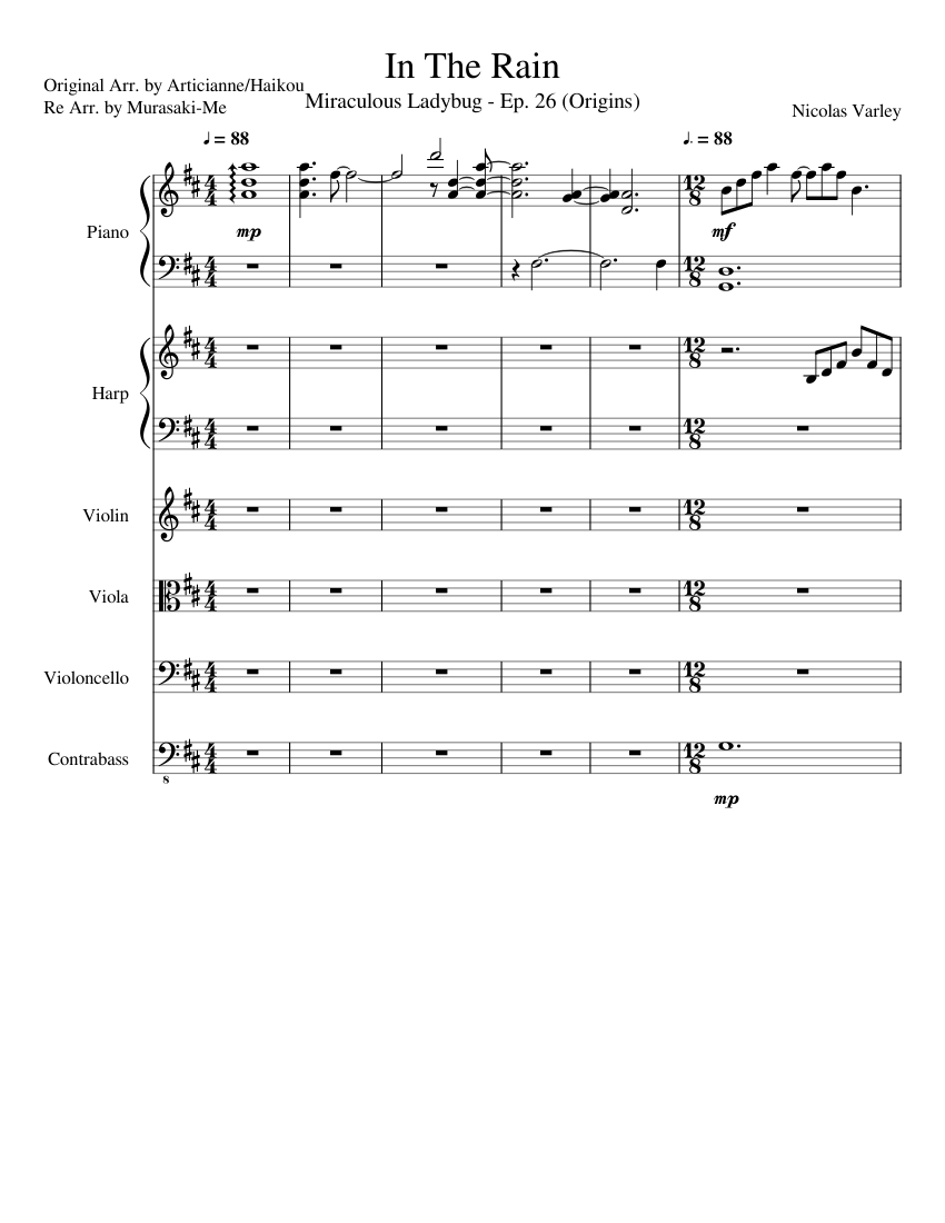 In The Rain Miraculous Ladybug Sheet Music For Piano Harp Strings 
