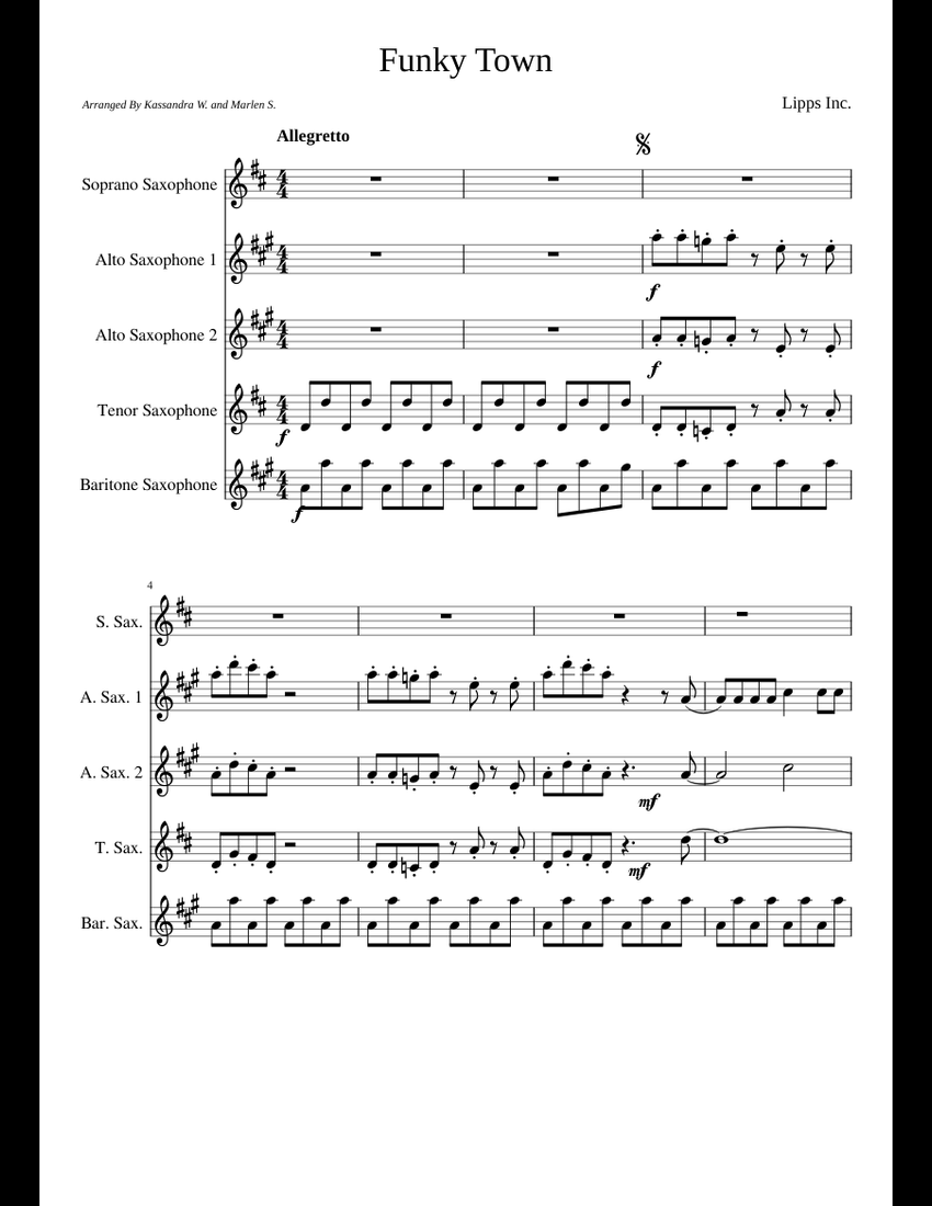 Funky Town sheet music for Soprano Saxophone, Alto Saxophone, Tenor ...