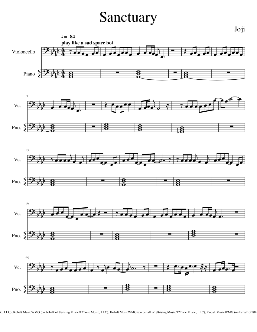 Sanctuary by Joji sheet music for Piano, Cello download free in PDF or MIDI