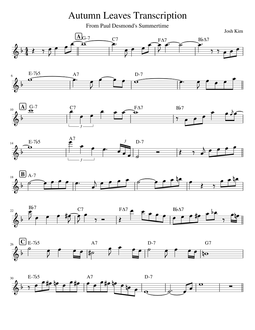 Autumn Leaves Transcription Sheet music for Saxophone (Alto) (Solo