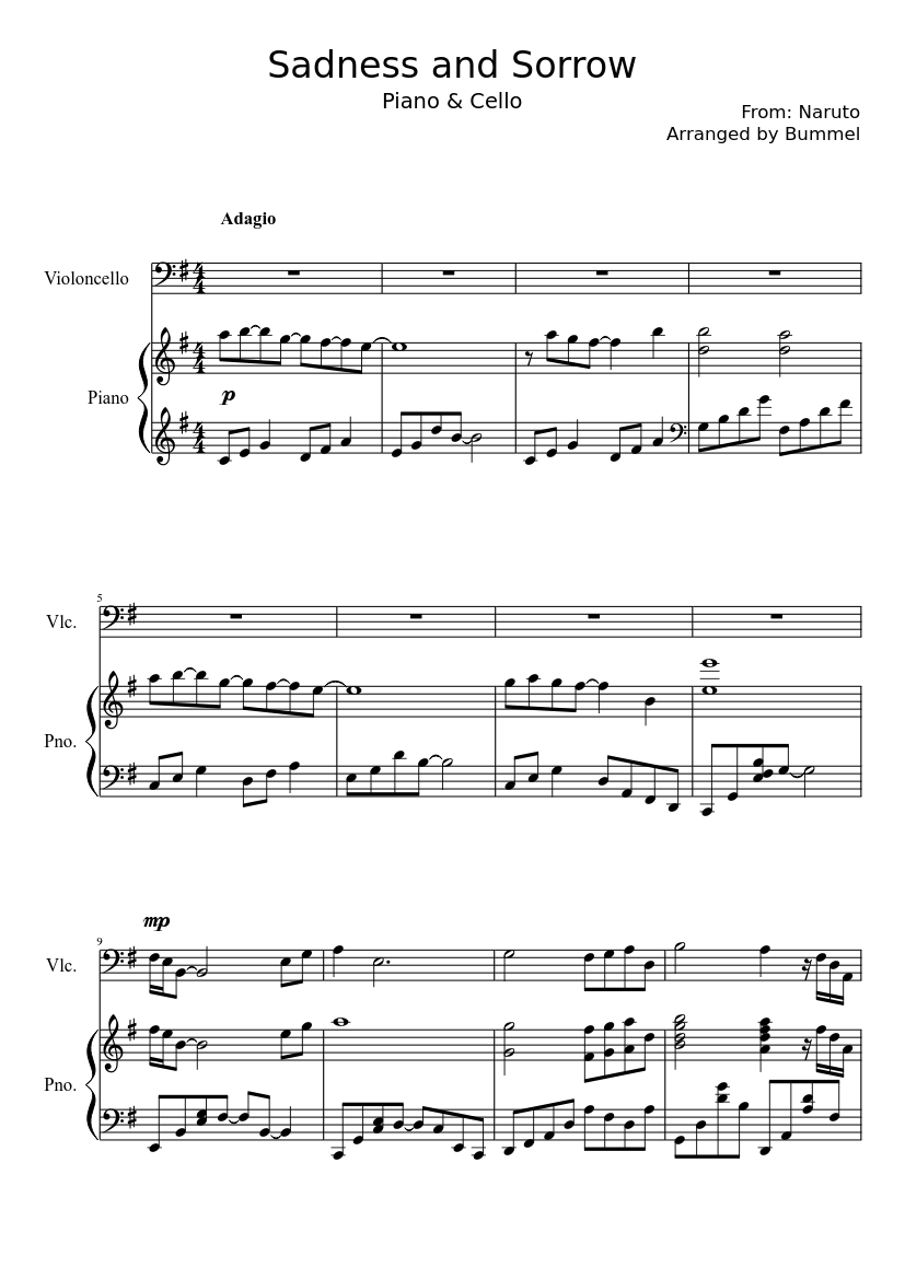 SADNESS AND SORROW - Naruto - Piano & Cello sheet music for Piano