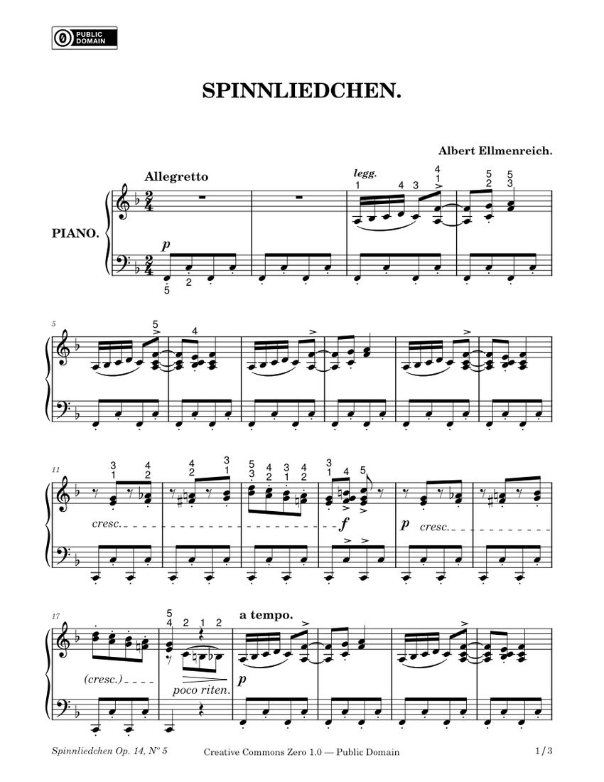 Spinnliedchen No.5 (Spinning Song) - Albert Ellmenreich - c1863 Sheet ...