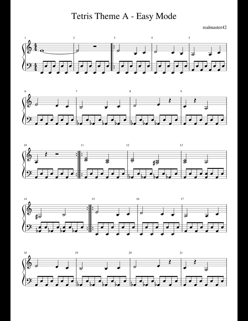 Tetris Theme A - Easy Mode sheet music for Piano download free in PDF ...