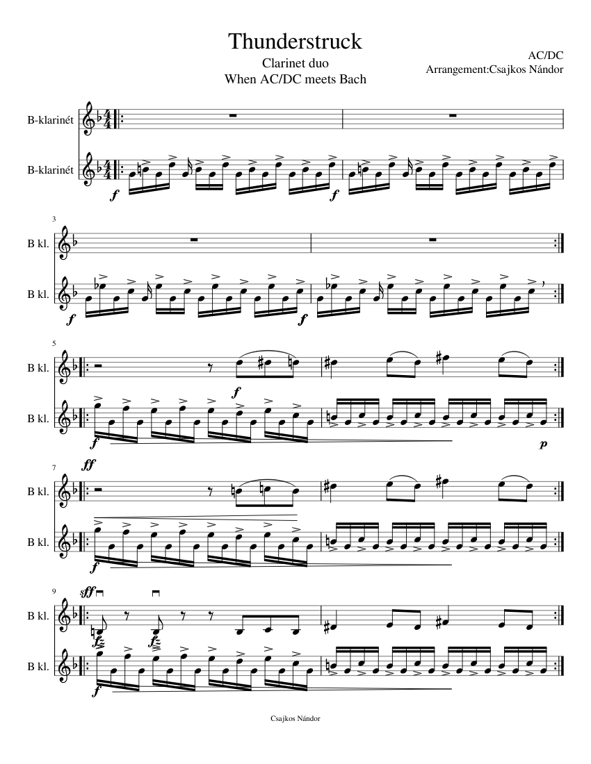 Thunderstruck Sheet Music For Clarinet In B Flat Woodwind Duet Musescore Com