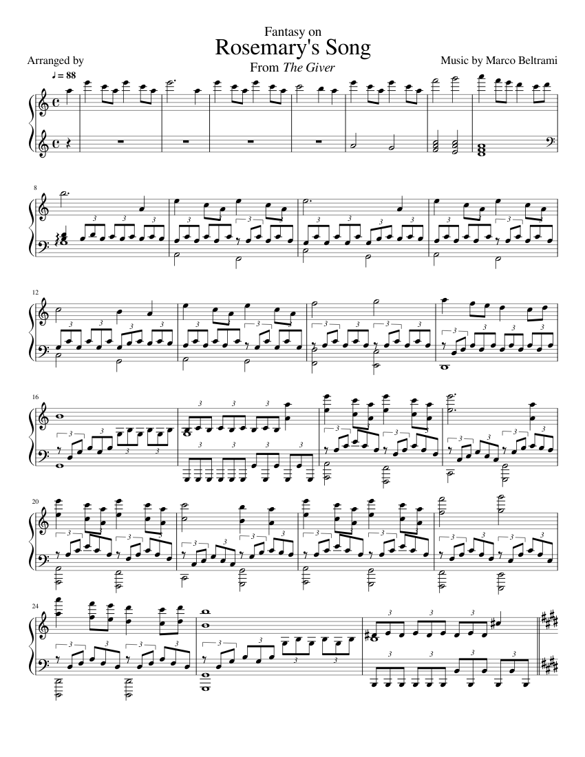 Fantasy on Rosemary's Song From The Giver Sheet music for Piano (Solo ...