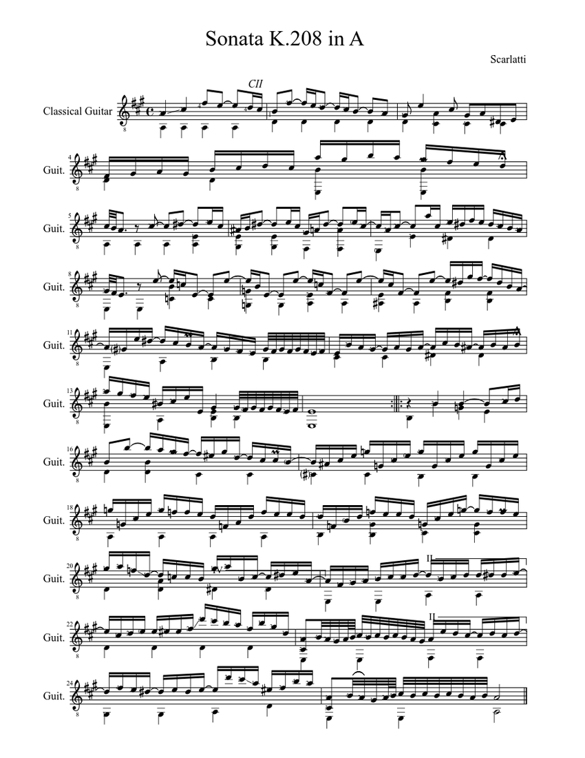 Scarlatti L 238 Sonata In A Guitar Sheet Music Musescore Com