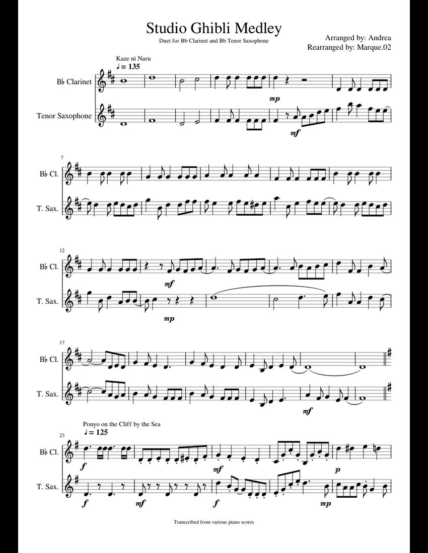 Studio Ghibli Medley sheet music for Clarinet, Tenor Saxophone download ...