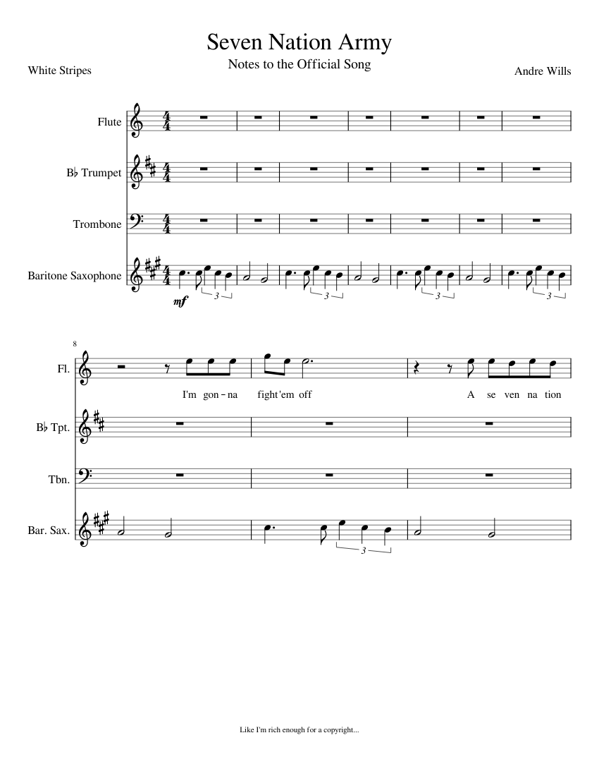 Seven Nation Army sheet music for Flute, Trumpet, Trombone, Baritone
