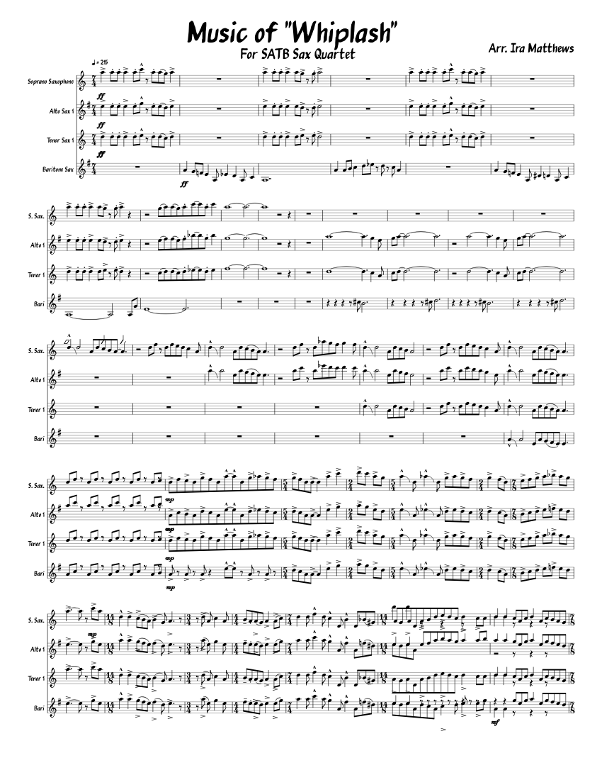 Whiplash Sax Quartet sheet music for Soprano Saxophone, Alto Saxophone, Tenor Saxophone