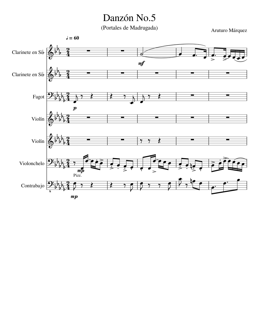 Danzón No.5 sheet music for Clarinet, Violin, Bassoon, Cello download