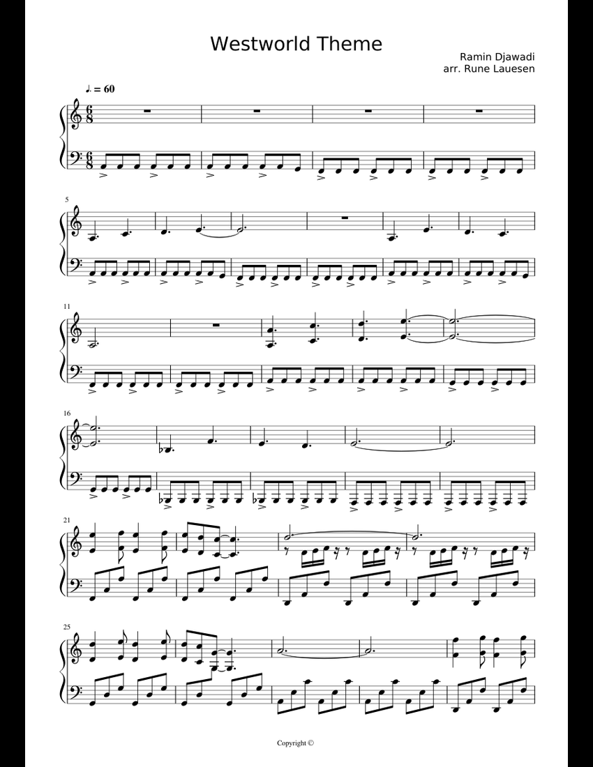 Westworld Theme - piano arrangement sheet music download free in PDF or