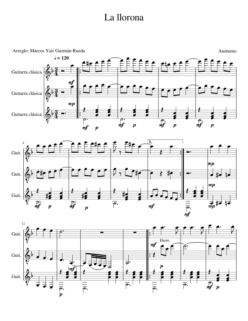 La Llorona Trio De Guitarra Sheet Music For Guitar Mixed Trio