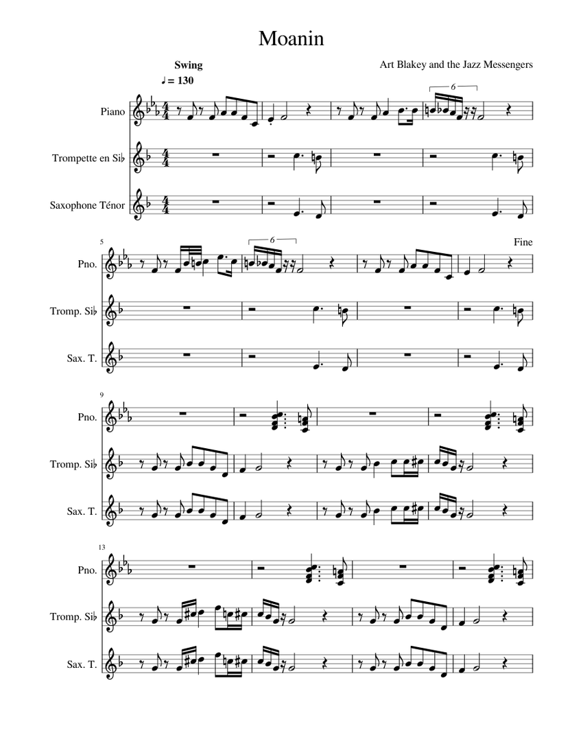 Moanin - Art Blakey and The Jazz Messengers Sheet music for Piano
