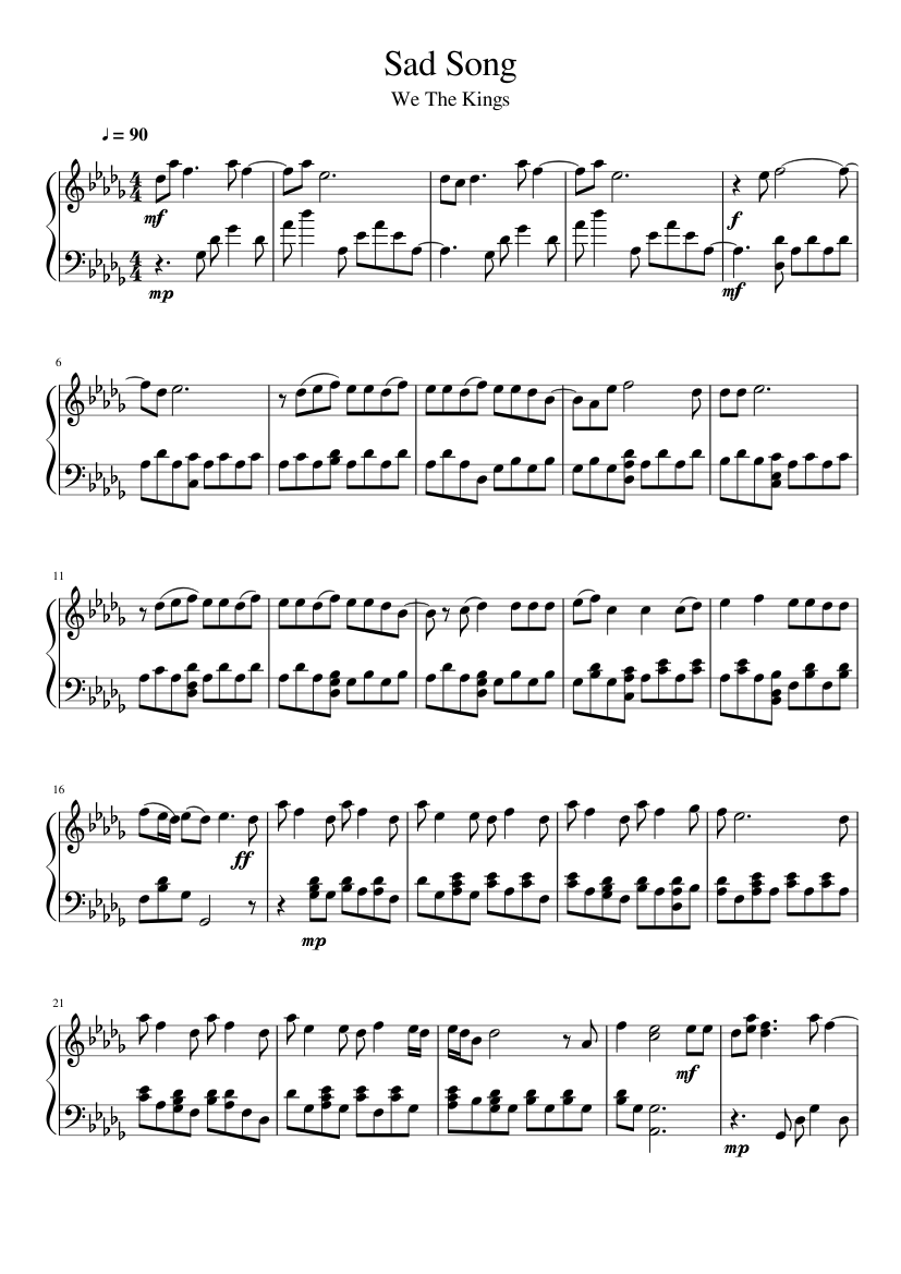 Sad Song We The Kings Sheet Music For Piano Download Free In Pdf - print