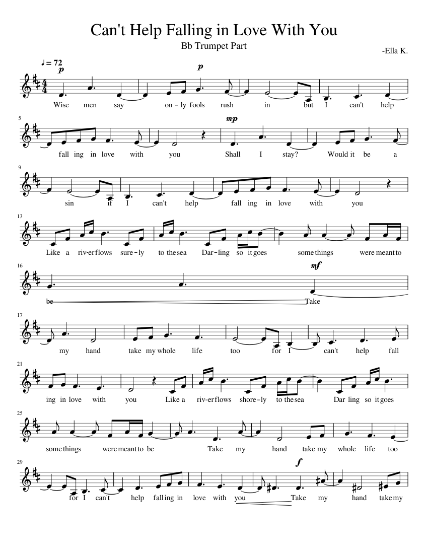 can't help falling in love with you - bb trumpet part sheet music