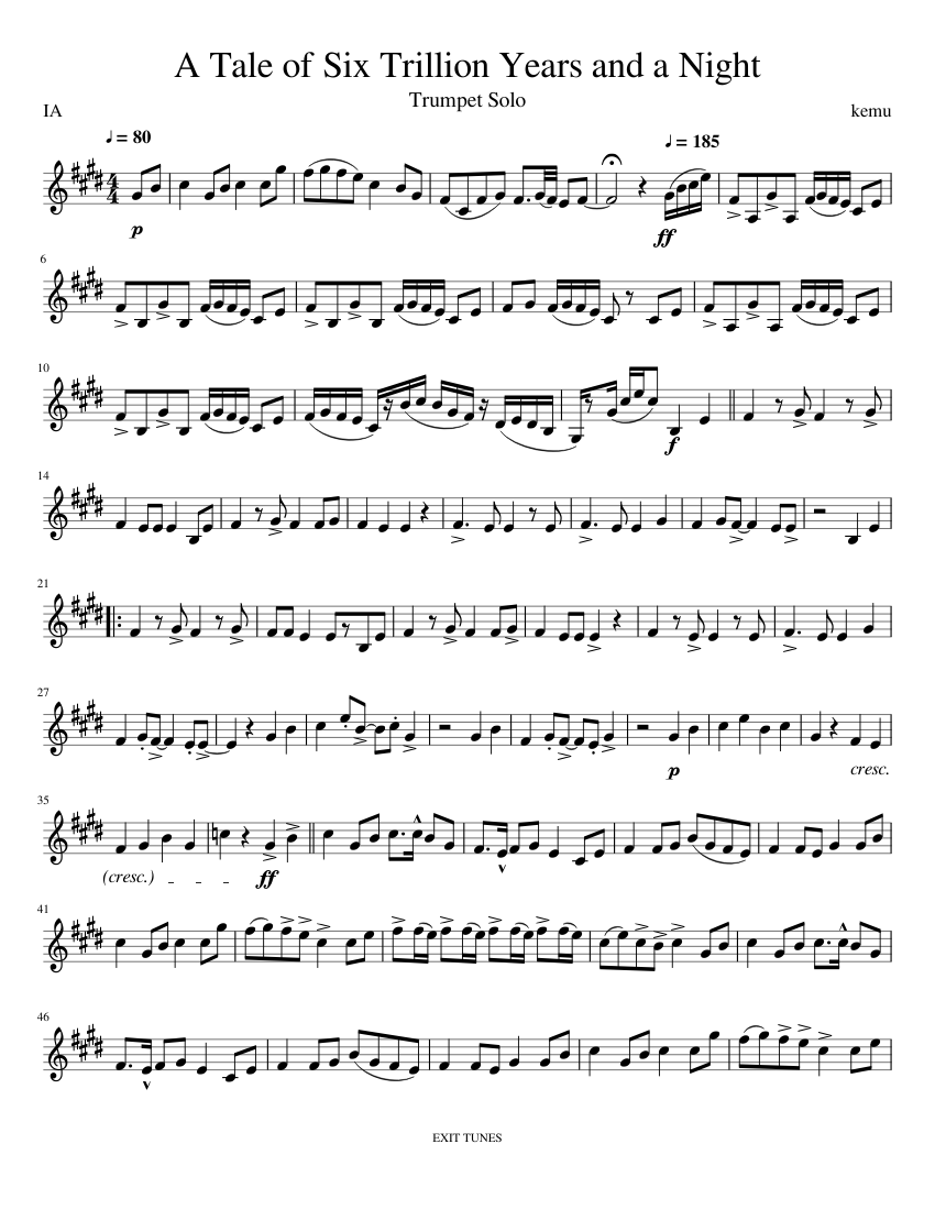 A Tale Of Six Trillion Years And A Night Lyrics A Tale of Six Trillion Years and a Night Sheet music for Trumpet