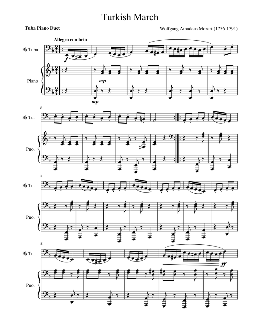 Turkish March Sheet music for Piano, Tuba | Download free in PDF or