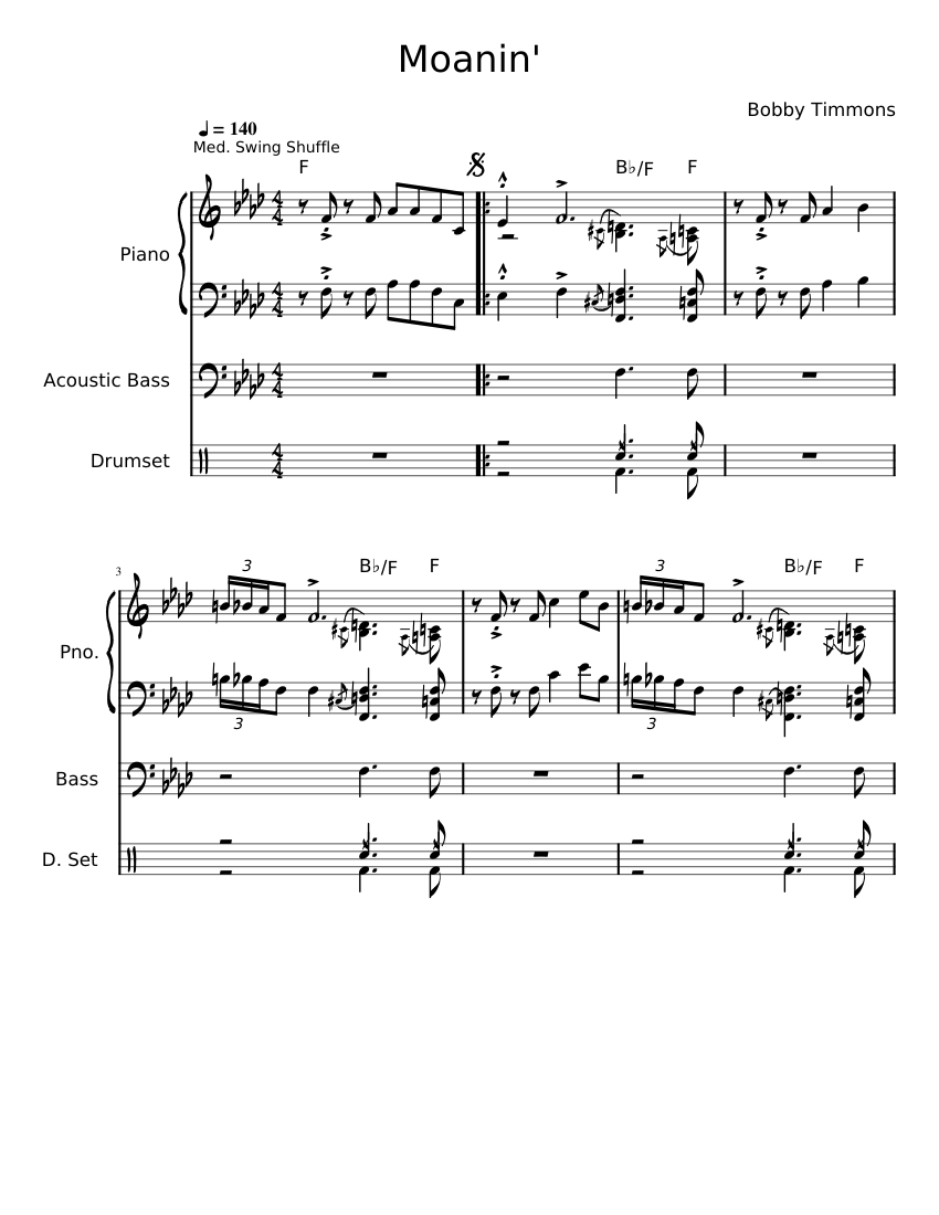 Moanin for piano trio with written out solo chorus sheet music for