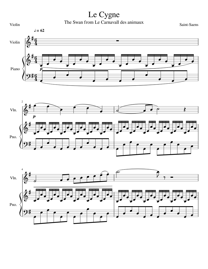 Saint-Saens: Le Cygne (Violin) sheet music for Violin, Piano download