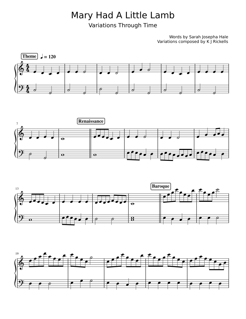 Mary had a Little Lamb - variations through time sheet music for Piano download free in PDF or MIDI