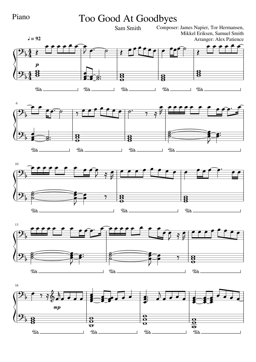 piano sheet sam smith goodbyes too tutorial