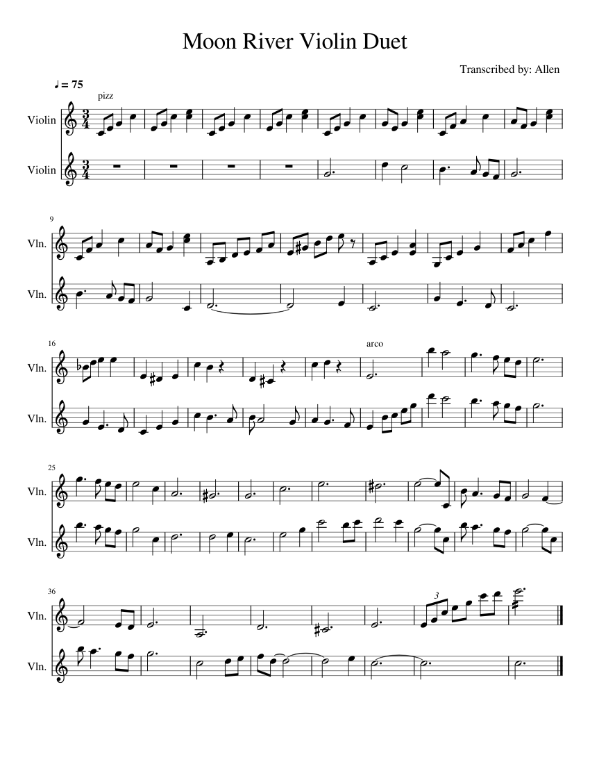 Moon River Violin Duet sheet music for Violin download free in PDF or MIDI