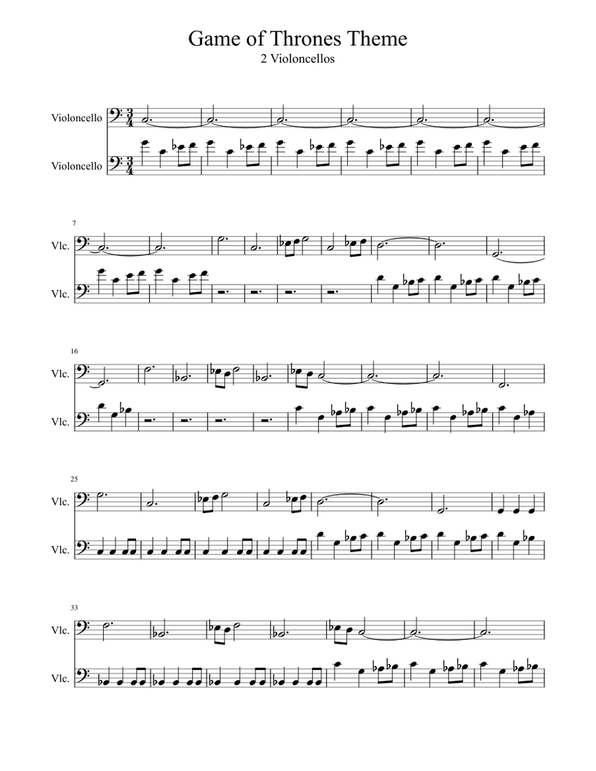 Game Of Thrones Theme 2 Cellos Sheet Music For Cello Download