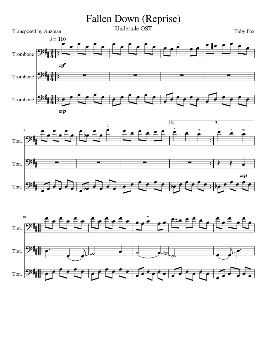 Fallen Down (Reprise) (Undertale OST) sheet music for Trombone download