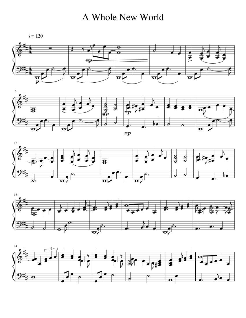 A Whole New World sheet music for Piano download free in ...