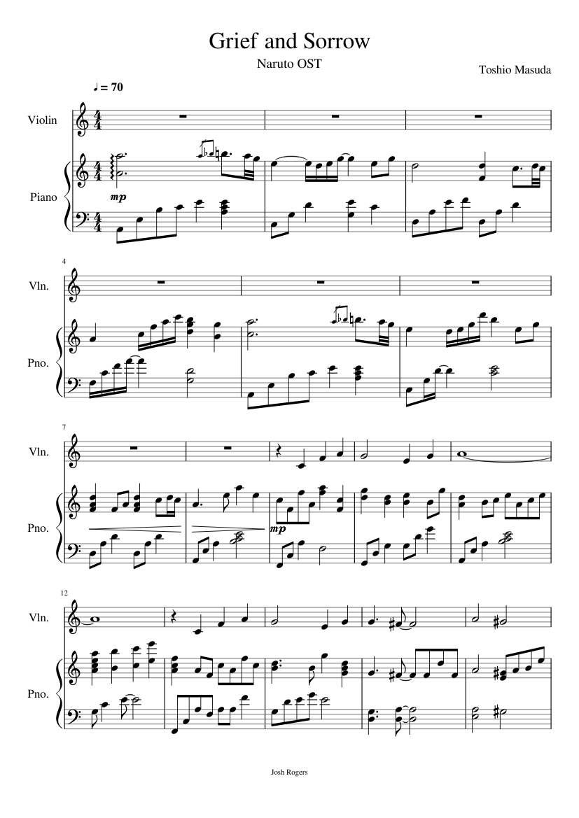 Naruto Grief and Sorrow (Hokage's Funeral) Piano + Violin sheet music for Violin, Piano