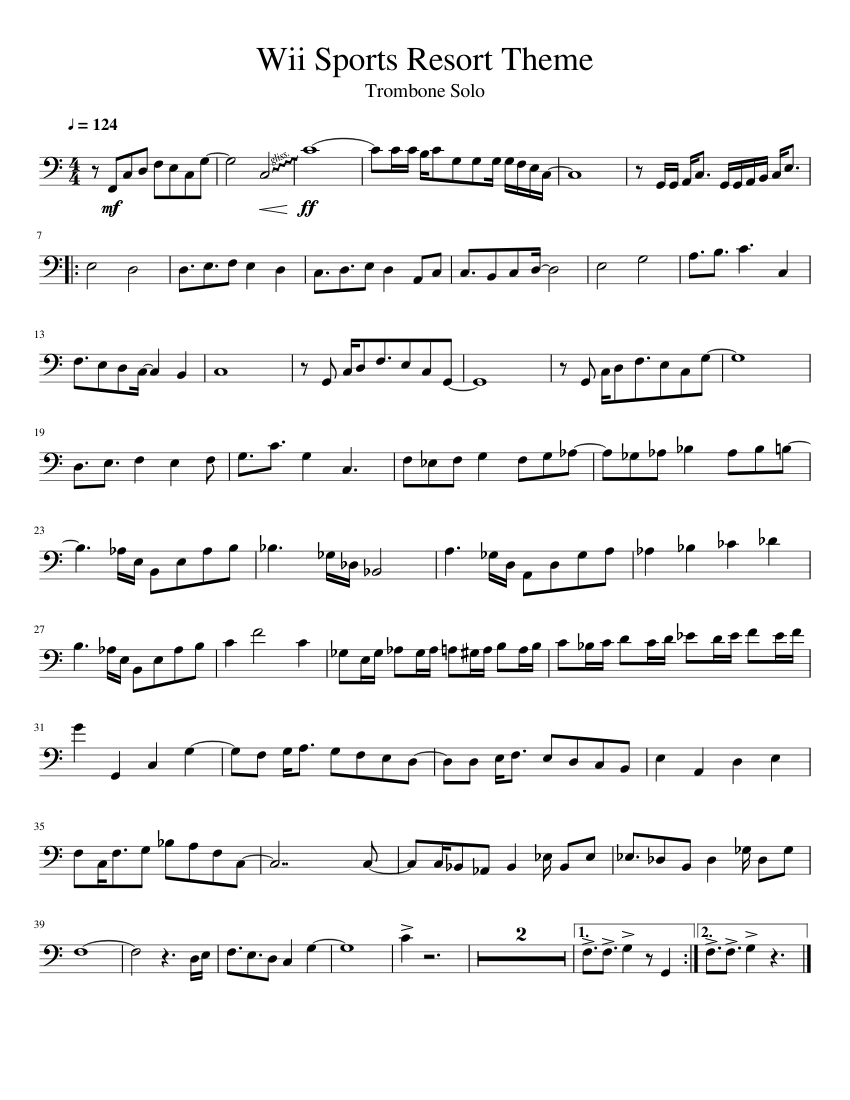 Wii Sports Resort Theme Trombone Solo Sheet Music For Trombone