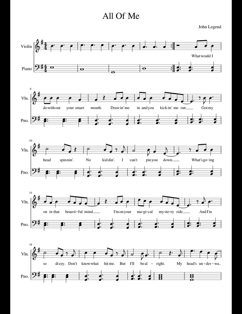 All Of Me,john Legend sheet music for Violin, Piano download free in