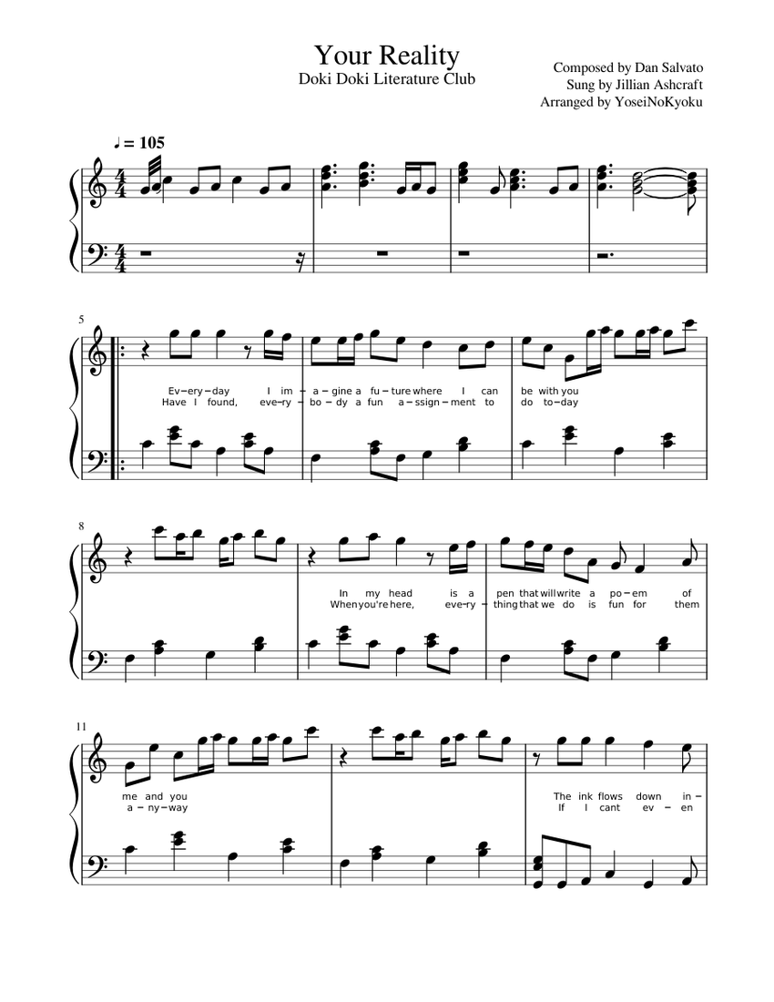 Your Reality Piano Sheet Music Easy