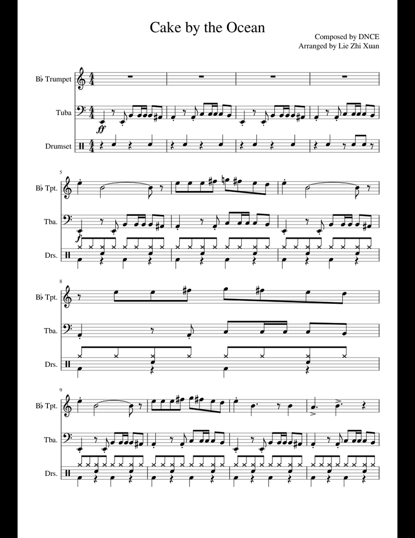 Cake by the Ocean sheet music for Trumpet, Tuba, Percussion download ...