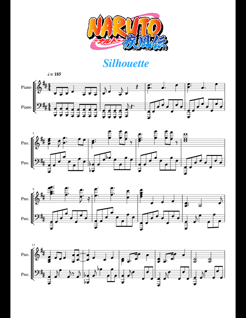 Naruto Shippuden - Silhouette sheet music for Piano download free in
